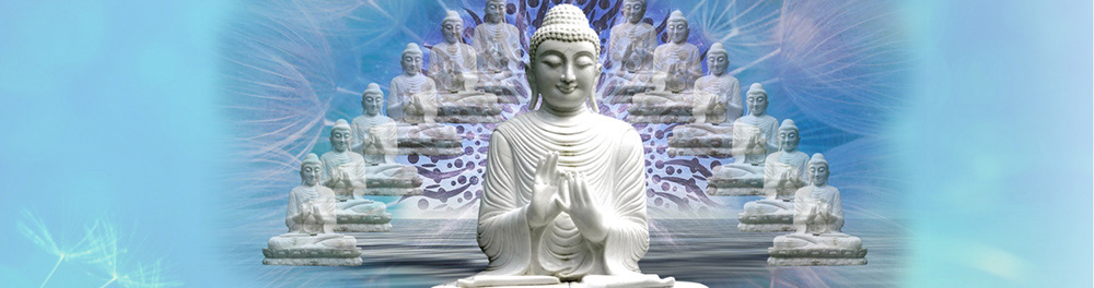 13 Buddhastatuen, sitzend, vor einem stilisierten blauen Strahlenhintergrund, Beschreibung Schamanische Astralreisen, die 13 Urmütter