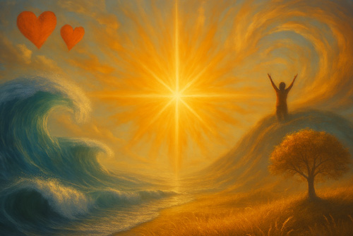 Zeichnung, rechts ein Mensch mit ausgestreckten Armen, gen Sonne entgegen, links eine Welle darüber zwei Herzen